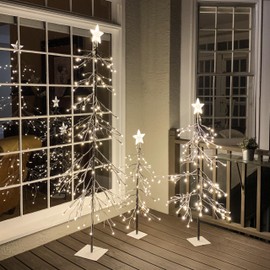Set of 3 Lighted Snow Tree 3FT 4FT and 6FT LED Artificial Tree for Decoration Inside and Outside Home Patio Christmas Wedding Festival Decor Warm White