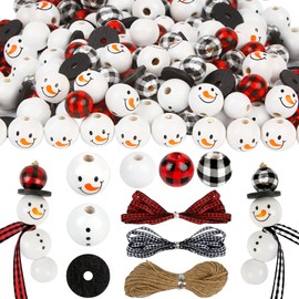 KIMOBER 180PCS Christmas Snowman Wooden Bead,Winter Craft Wood Round Beads Buffalo Plaid Bead with Rope for DIY Craft Decoration