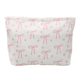 Bow Makeup Bag - Make Up Bag, Cute Toiletry Bag, Large Capacity Elegant Bow, Preppy Cosmetic Bag, Pink Make Up Bag, Heart Bow Corduroy Cosmetic Bag with Zipper, Cute Roomy Pink Portable Toiletry Bag