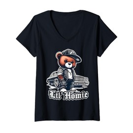 Womens Lil Homie Hip Hop Teddy Bear Lowrider Urban Streetwear V-Neck T-Shirt