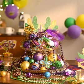 DecorbyHannah 40ct Mardi Gras Decorations Ornaments, Purple Green Gold Ornaments Set with Carnival Masks and Mardi Gras Beads, Shatterproof Ornaments for Indoor Outdoor New Orleans Masquerade Party