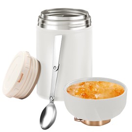 GOEDEKE Food Flask,600ml (20 oz) Food Flask Container,Stainless Steel Double Walled Soup Flask Leak Proof Food Jar Soup Containers with Foldable Spoon for Hot and Cold Meals Double Soup Flask (White)