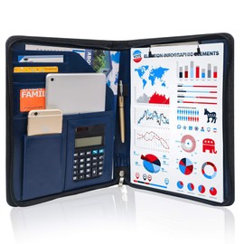 GraduationMall Business Zipped Portfolio A4 Clipboard Conference Folder PU Leather Interview Resume Legal Document Organizer Blue