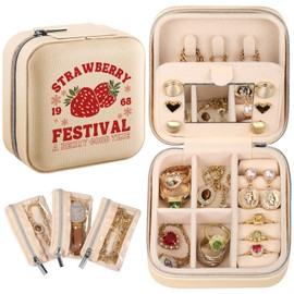 Bistup Travel Jewelry Case - Small Jewelry Organizers and Storage Box for Women Girls Teens Cute Traveling Jewelry Holder with Mirror Little Tiny Compact Strawberry Modern Unique Aesthetic Pretty
