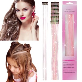 Benehair 6 PCS Clip in Hair Tinsel Kit, Colored Glitter Tinsel Hair Extension Heat Resistant, Sparkling Hairpieces Fairy Hair Dazzle Hair Tinsel Christmas New Year Party Cosplay 20 Inch (Fantasy Pink)
