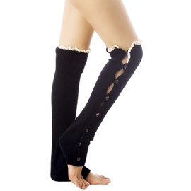 iB-iP Women's knitting button down thermal eyelet lace cuff Mid-Calf Leg Warmers, Size: One Size, Black