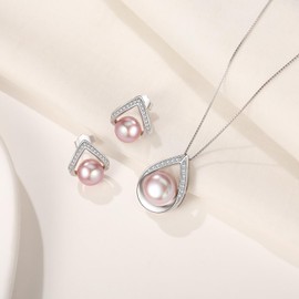 BAMIKI Pearl Necklace and Earrings Set, Freshwater Cultured Pearl Jewelry Set in 925 Sterling Silver with CZ Diamonds- Elegance Jewelry Gift on Anniversary, Mother's Day, or Birthday, Purple