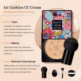 NUIBO Mushroom Head Air Cushion CC Cream Foundation, Moisturizing BB Cream, Long Lasting Matte Concealer with 2PCS Mushroom Head Sponges