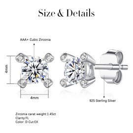CRYSLOVE Women's Stud Earrings 925 Sterling Silver 18K White Gold Plated Round Cut with 3A Cubic Zirconia Round Cut Earrings Size 6 mm - 8 mm Jewellery Gift for Men and Women, Cubic Zirconia Sterling