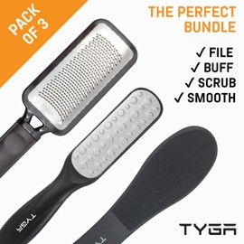 TYGA - Juego de limas y depuradores de doble cara, eliminador de callos para eliminación de la piel muerta, piel dura agrietada, rascador grueso, fino, cuidado de spa húmedo, seco, acero inoxidable quirúrgico, níquel (paquete de 3)