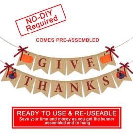 Give Thanks Burlap Banner| ThanksGiving Burlap Banner Thanksgiving Decorations| Rustic Thanksgiving Turkey Pumpkin Bunting| Thanksgiving Party Supplies Fireplace Mantle Decor