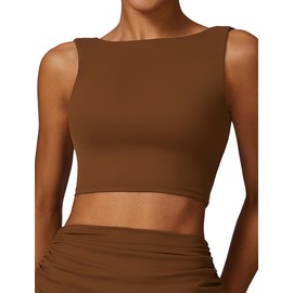 Women Boat Neck Workout Crop Tank Top Open Back Yoga Sports Bra High Support Impact Built-in Shelf Bra Elegant Seamless Fitted Tank Crop Top Brown