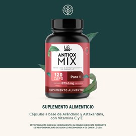 Life 360+ ANTIOX MIX | 120 cápsulas | Cápsulas a base de arándano en polvo, Astaxantina, Vitamina C, Vitamina E | Suplemento Alimenticio | Cápsulas de gelatina y agua | 120 cápsulas en tarro.