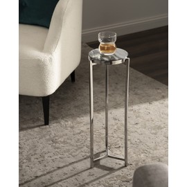 Kate and Laurel Aguilar Modern Drink Table, 8 x 8 x 23, Gray and Silver, Genuine Marble Accent Table for Small Spaces