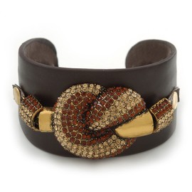 Avalaya Citrine/Smokey Topaz Coloured Diamante 'Knot' Dark Brown Leather Flex Cuff Bracelet - Adjustable