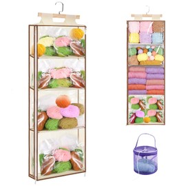 GTian Yarn Storage Hang with 4 Large Pockets, With Mesh Yarn Storage Hanging Yarn Holder with Over-Door Hooks for Knitting Needles Crochet Hooks