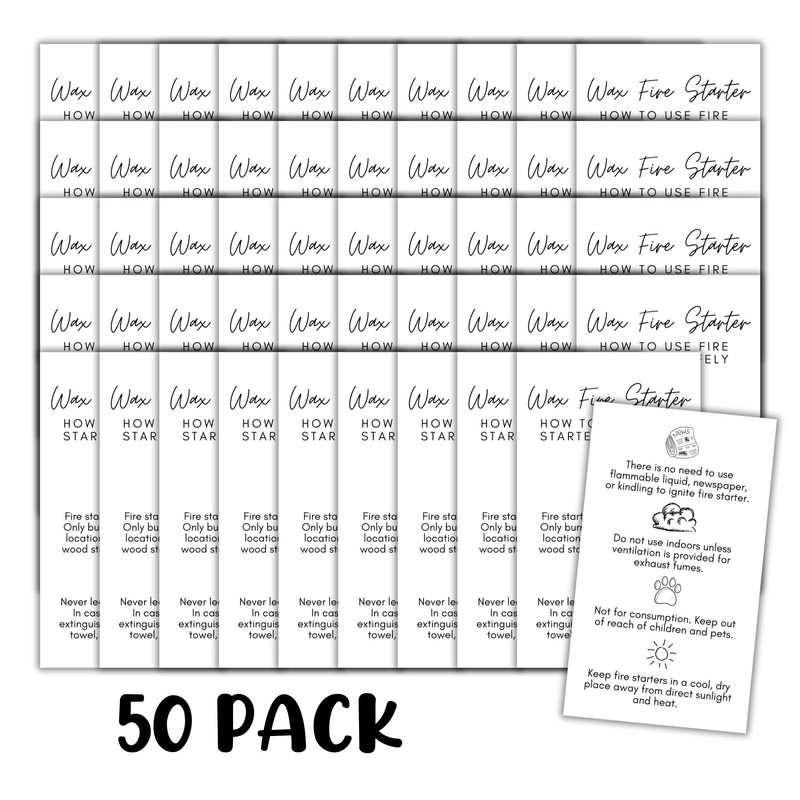 Wax Fire Starter Care Guide Instruction Card | 50pk 2x3.5”