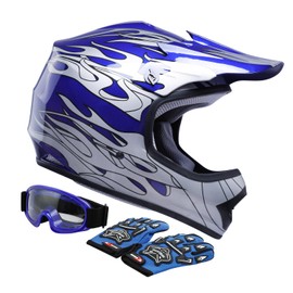 TCT-MOTORPARTS DOT Kids Youth Motocross Helmets ATV Off-Road Dirt Bike Motorcycle Full Face Blue Flame Helmet+Gloves+Goggles X-Large