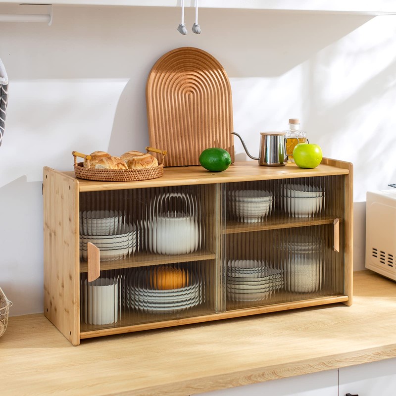 HollyHOME Small Bamboo Wall Mounted Kitchen Pantry Sideboard with 2