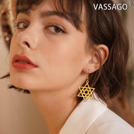 VASSAGO Star of David Earrings for Women Jewish Star with Cross Dangle Drop Earrings Stainless Steel Six pointed Star Earrings Israel Religious Jewish Hanukkah Jewelry Gift (Gold Star of David-2)