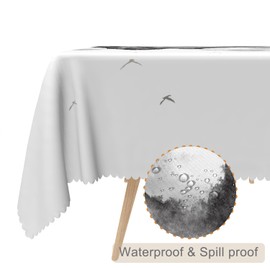 TTQYFNM 60x120inches Black White Mountain Forest Tablecloth Asian Japanese Style Ink Painting Landscape Table Cloth Waterproof Polyester Fabric Table Cover for Dining Room Kitchen Home Decorations