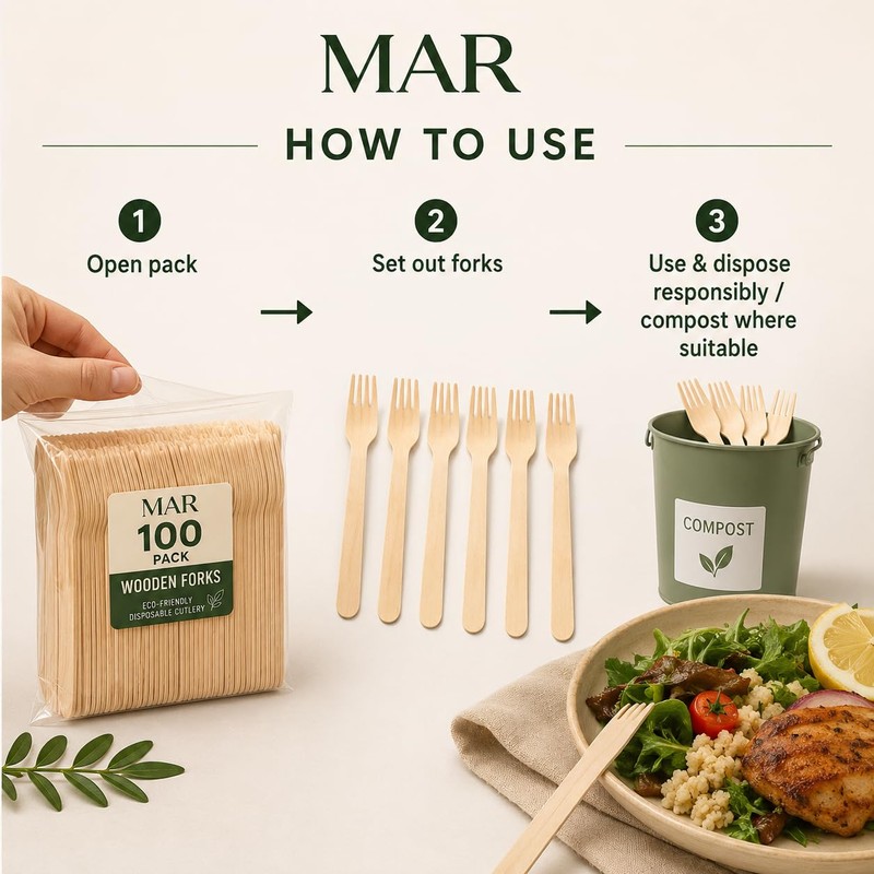 MAR Wooden Forks 100 Pack Disposable Cutlery Compostable for Parties