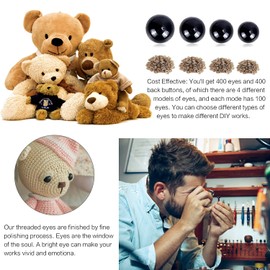 800 Pieces Black Plastic Safety Eyes with Washers for Crochet Animal Crafts Doll Eyes Amigurumi Eyes Teddy Bear Eyes for Doll, Plush Animal and Teddy Bear Craft Making(4 Sizes)