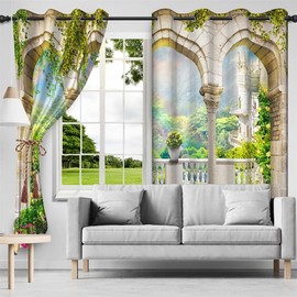 Vintage Garden Window Curtains Fairy Tale Castle Balcony Stone Pillars Magic Wonderland Window Treatment Drapes for Kids Girls Bedroom Living Room 52x84 Inch,2 Panels