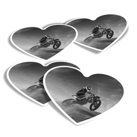 Vinyl Heart Stickers (Set of 4) - BW - Motocross Biker Off Road Dirt Bike Fun Decals for Laptops,Tablets,Luggage,Scrap Booking,Fridges #37915