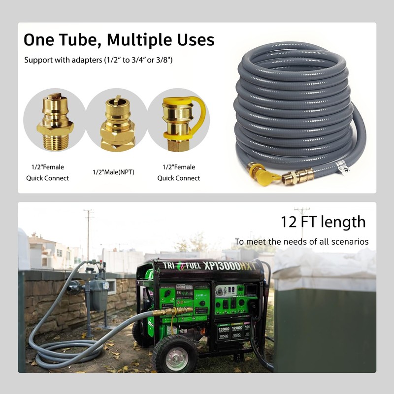 12FT 1/2" ID Natural Gas Hose with Quick Connect Fittings