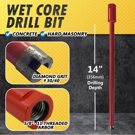 3/4" Wet Drill Core Bits for Concrete and Hard Masonry, Diamond Hole Saw, 14" Drilling Depth, 5/8"-11 Arbor, Wet Only