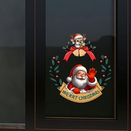 Leniutor Christmas Window Clings for Glass Windows, Xmas Santa Claus Decals Decorations Christmas Window Stickers Holiday Decals for Party (Santa Claus/Bell-1, 1PCS)