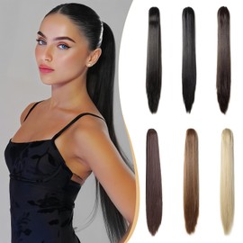 Benehair Claw Clip in Ponytail Hair Extensions, 26 Inches Long Straight Ponytail Extensions Claw Clip Hair Extensions Synthetic Hair Pieces for Women(Dark Black, 170g)