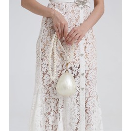 DONGSUO Pearl Effect Evening Clutch, Oval Acrylic Handbag with Beaded Strap, Ivory White