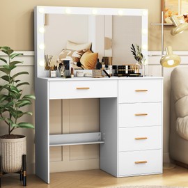 Guanglai Vanity Desk with Mirror and Lights, Dressing Table with Drawers, 3 Colors Lighting Adjustable Brightness, Makeup Table with Large Mirror for Girls, Women