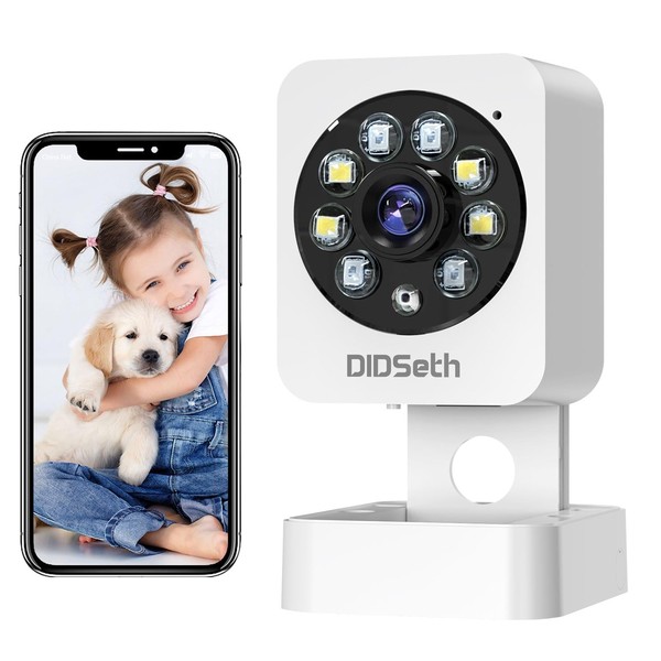 DIDseth Indoor Surveillance Camera, WiFi IP Camera Indoor HD 2MP, Dog Camera with App, Motion Detection, Night Vision, Sound and Light Alarm, Two-Way Audio, Foldable Pet Camera (White)