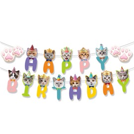 BIEUFBJI Cat Birthday Banner Cat Birthday Decoration, Cat Themed Birthday Party Supplies, Cat Face and Paw Print Happy Birthday Banner, for Boys Girls Kids Adults Pet Cat Themed Birthday Decor