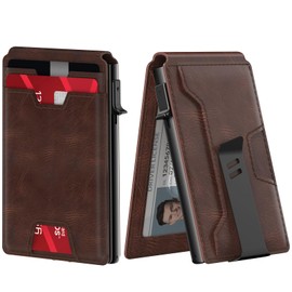 typecase Mens Wallet Card Holder: Pop Up Card Case, Genuine Leather, Smart, RFID Blocking, Slim, Minimalist, Thin, Front Pocket - 9-13 Card Capacitiy | ID Window | Money Clip (Brown)