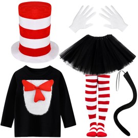 JcHrmers Cute Cat Costume Accessories Top Hat in Red and White Striped Sleeve Tutu Skirt Socking Gloves Tail for Read Book Day (4-6yr)