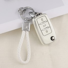 PIFOOG Key Fob Cover for Volkswagen VW Car Keychain Tiguan Jetta Beetle Passat Golf GTI Accessories Cute TPU Smart Keys Case Shell Protector Bling Crystal Girly Women White