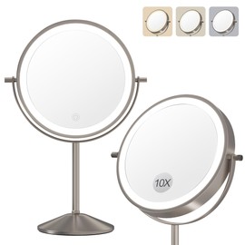 Garvee Lighted Makeup Mirror, Rechargeable Double Sided Mirror, 1x/10x True HD Magnifying with 3 Color, Brightness Adjustable, 360° Rotation Vanity, Gift for Women, Nickel