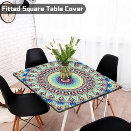 Buwuta Square Tablecloth with Elastic Table Covers Waterproof Outdoor Card Table Cover Fitted Table Cloth Fit 36x36 Inch Kitchen Patio Dinning Table (Teal, M (36"x36"))