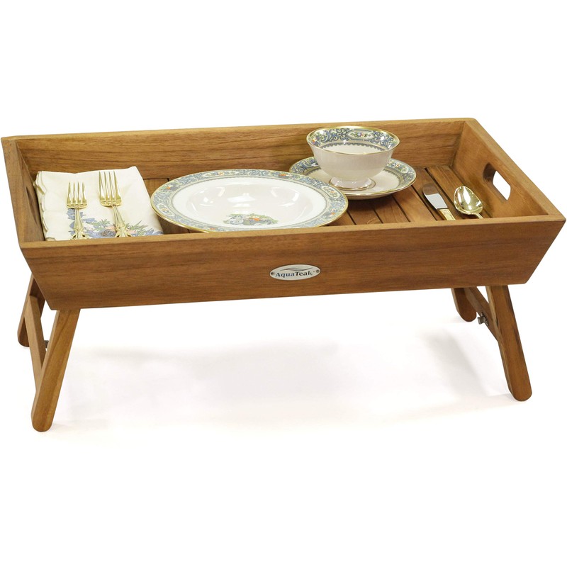 AquaTeak Manada™ Solid Teak Bed Serving Tray with Fold Out
