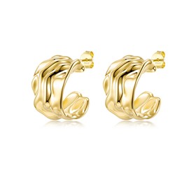 Big Chunky Gold Statement Wrinkled Earrings for Women Trendy C-Shaped Hoop Earrings Irregular Geometric Minimalist Textured Vintage Stud Earring 925 Sterling Silver Post