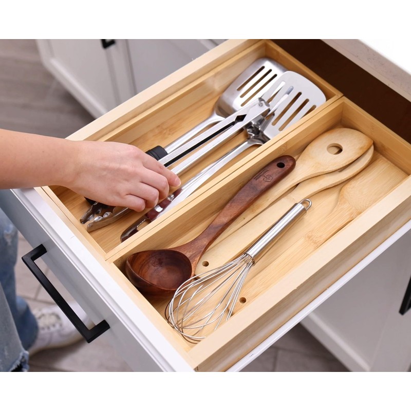Fabsome Kitchen Utensil Drawer Organizer, Bamboo Silverware Cutlery Flatware Organizer