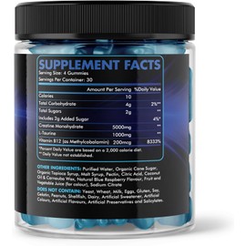 Gominolas de Creatina 5000mg – 120 Unidades – Sabor Frambuesa Azul – Suplemento de Creatina Monohidrato con B12 y L-Taurina – Gominolas Veganas Pre Entreno para Energía, Fuerza y Recuperación Muscular – 1 Mes de Suministro