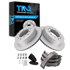 TRQ Rear Brake Pad & Rotor Kit Brake Pads Brake Rotor Parking Brake Shoe Set Semi-Metallic Premium G-Coated Compatible with 2010-2022 Lexus GX460 Toyota 4Runner 2010-2014 FJ Cruiser
