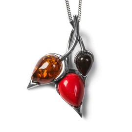 HENRYKA Sterling Silver, Amber and Coral Beech Leaf Necklace, Woodland Jewellery Gift