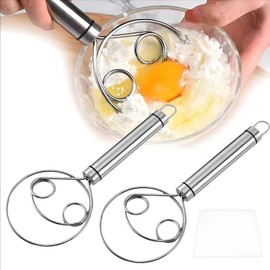 YALiya Pack of 2 Hand Mixers 304 Stainless Steel Spiral Whisk Professional Dough Whisk Dough Scraper & Purée Rod Double Holes for Quick Mixing, for Bread, Dough, Pastries and More