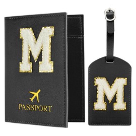 PATIKIL Passport Holder for Travel, Initial Passport Cover and Luggage Tag Set with Alphabet Chenille Letter Patch Travel Wallet Bag Suitcase Identifier for Women Family Travel Black M